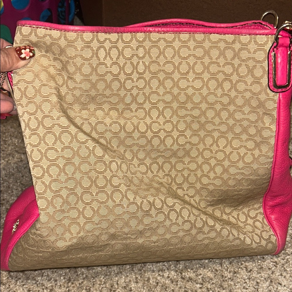 Coach Stylish Tan and Pink Designer Tote Bag